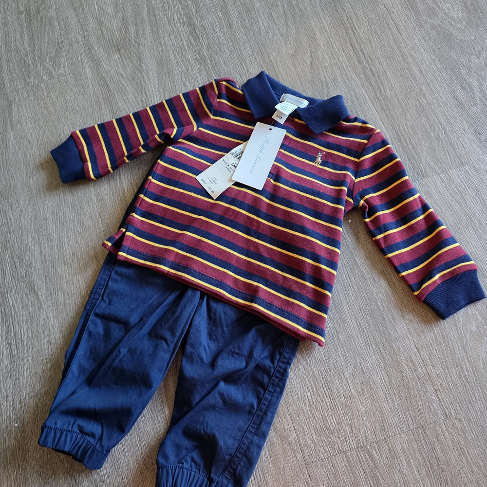 Ralph Lauren Polo Striped Long Sleeve Polo Shirt & Navy Pants Set